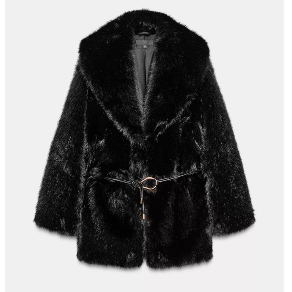 ZARA FAUX FUR BELTED COAT XS SMALL JACKET BLACK WINTER 6318/282 SKI TEDDY LUXE